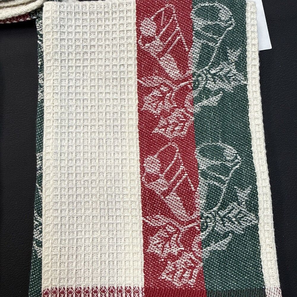 Kitchen Towels Green Red Tartan Plaid Bells Holly Waffle 100% Cotton NWT 5 Set - Picture 3 of 7